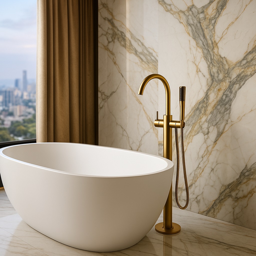Bathroom with freestanding tub filler and coordinated finishes